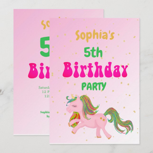 Convite Unicorn Rainbow Dourado Cute Birthday (Frente/Verso)