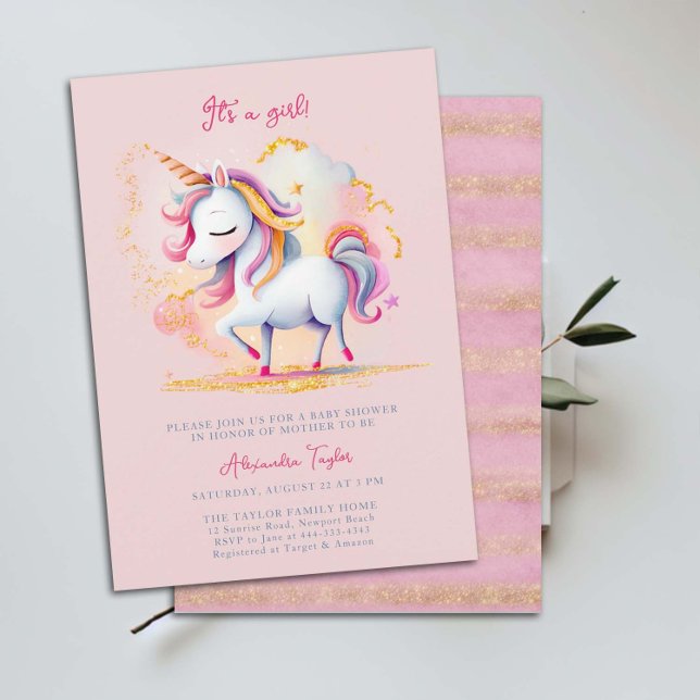 Convite Unicorn Rainbow Dourado Glitter Cloud Girl Baby Sh (magical unicorn baby girl shower invitation watercolor illustration rainbow clouds glitter gold chic)