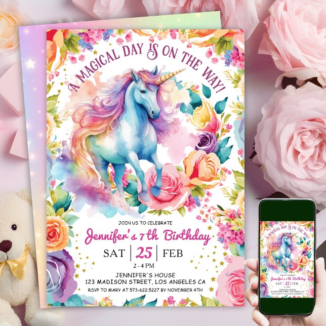 Convite Unicorn Rainbow Floral Bloom | Aniversário de 7 (#UnicornBirthdayInvitation #UnicornBirthdayInvitationTemplate #UnicornBirthdayInvitationEditable 
)