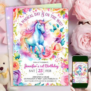 Convite Unicorn Rainbow Floral Bloom   PRIMEIRO ANIVERSARI