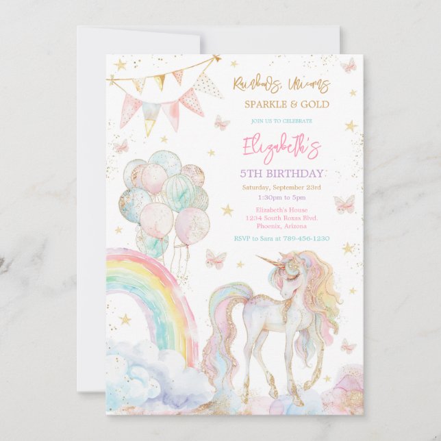 Convite Unicorn Rainbow Gold Birthday Invitation (Frente)