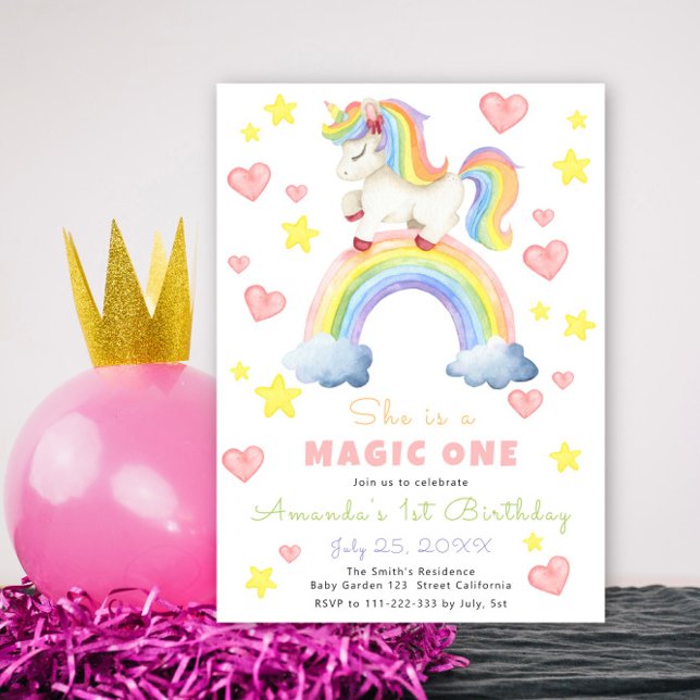 Convite Unicorn Rainbow Magic One First Birday (Criador carregado)