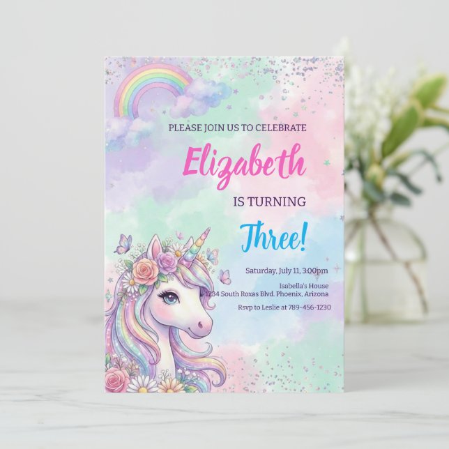 Convite Unicorn Rainbow Magical Birthday (Em pé/Frente)