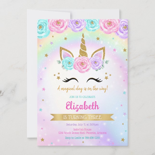Convite Unicorn Rainbow Magical Birthday Invitation (Frente)