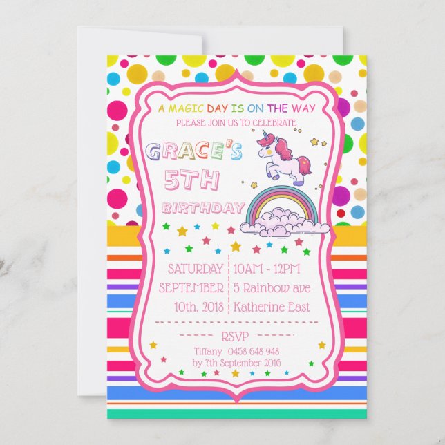 Convite Unicorn Rainbow Magical Birthday Personalize RSVP (Frente)