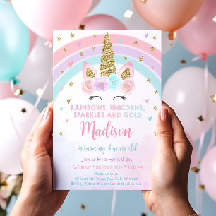 Convite Unicorn Rainbow Sparkles Dourado Aniversário