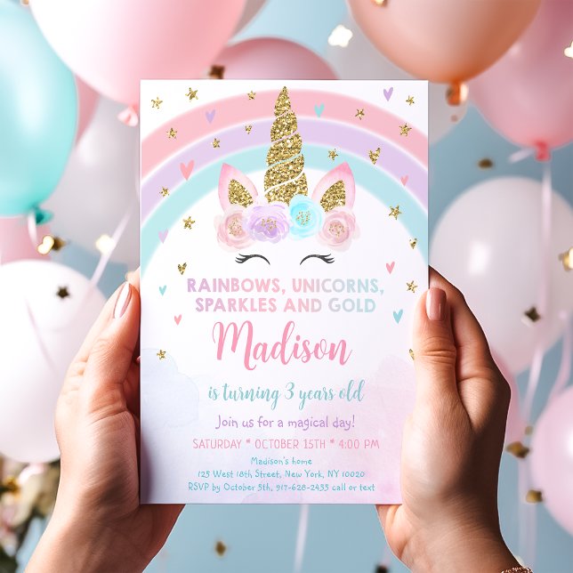 Convite Unicorn Rainbow Sparkles Dourado Aniversário (Criador carregado)