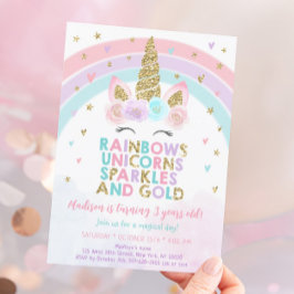 Convite Unicorn Rainbow Sparkles Dourado Aniversário