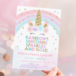 Convite Unicorn Rainbow Sparkles Dourado Aniversário
