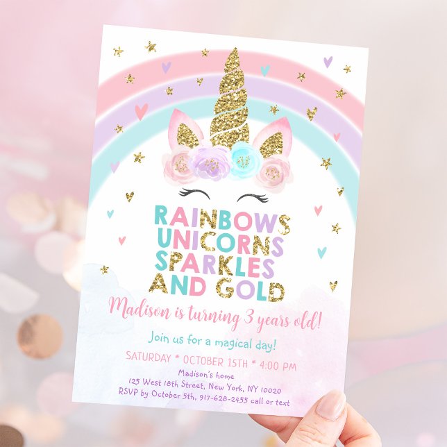 Convite Unicorn Rainbow Sparkles Dourado Aniversário (Criador carregado)
