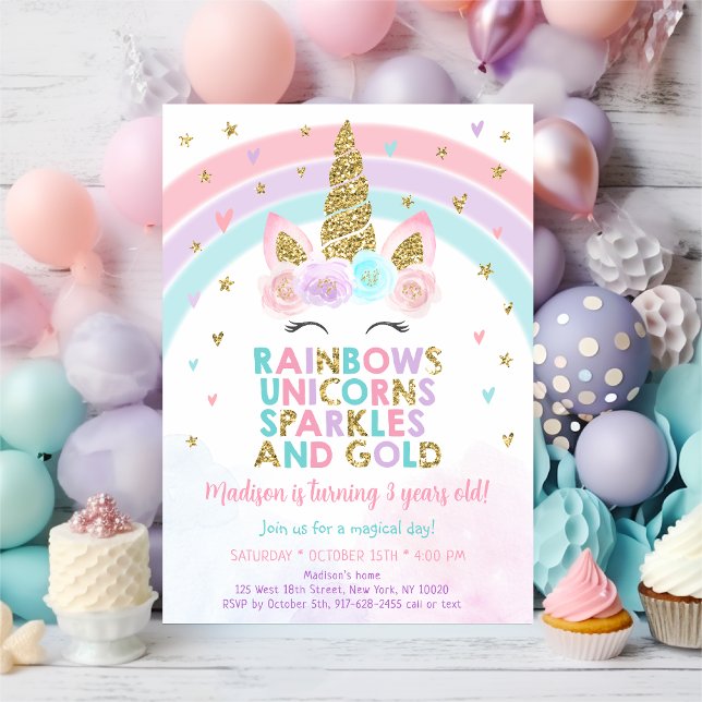 Convite Unicorn Rainbow Sparkles Dourado Aniversário (Criador carregado)