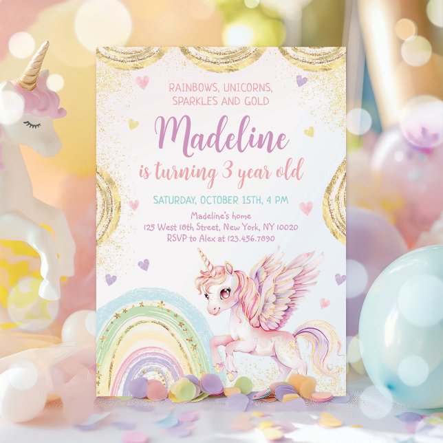 Convite Unicorn Rainbow Sparkles Dourado Aniversário (Criador carregado)