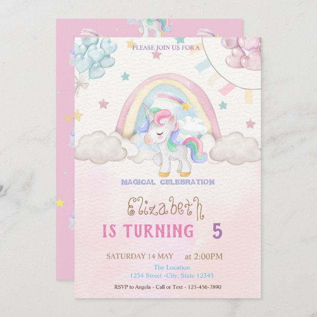 Convite Unicorn Rainbow Stars Hearts Balloons Aniversário (Frente/Verso)