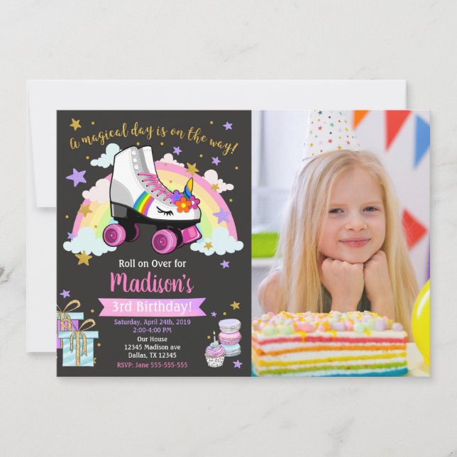 Convite Unicorn Roller Skate Birthday Invitation (Frente)