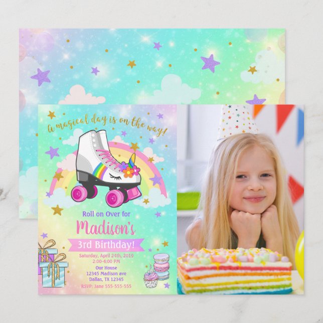Convite Unicorn Roller Skate Birthday Invitation (Frente/Verso)