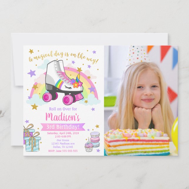 Convite Unicorn Roller Skate Birthday Invitation (Frente)