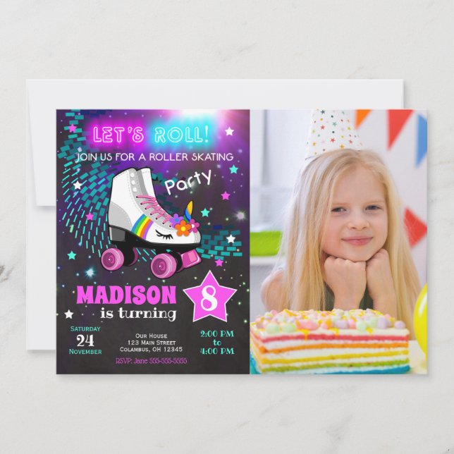 Convite Unicorn Roller Skating Birthday Party Invitation (Frente)