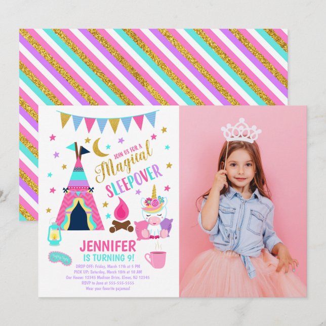 Convite Unicorn Sleepover Party Birthday Invitation (Frente/Verso)