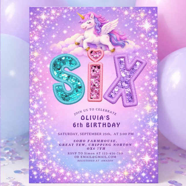 Convite Unicorn Sparkle 6th Birthday  Girl Invitation (Criador carregado)