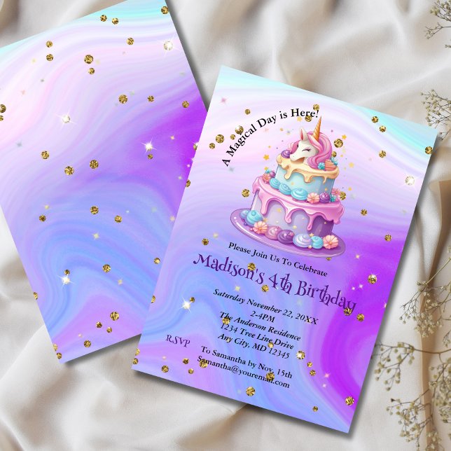 Convite Unicorn Sparkle Blue Purple Cake 4º Aniversário (Magical Unicorn with Cake 4th Birthday Invitation for Little Girl. Any Age- Age can be edited. )