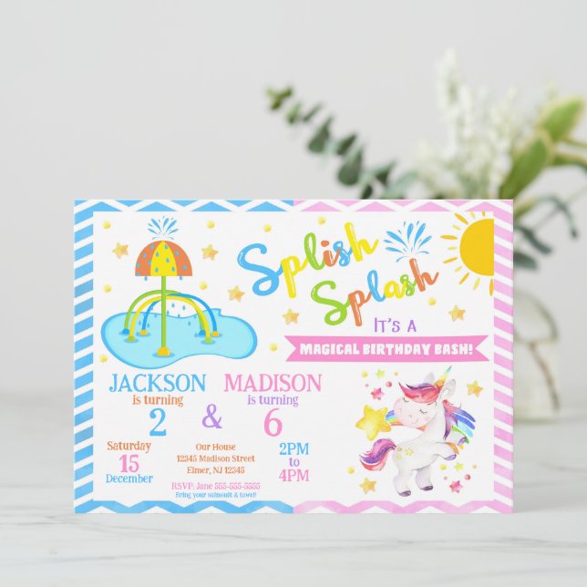 Convite Unicorn & Splash Pad Joint Birthday | Water Park (Em pé/Frente)