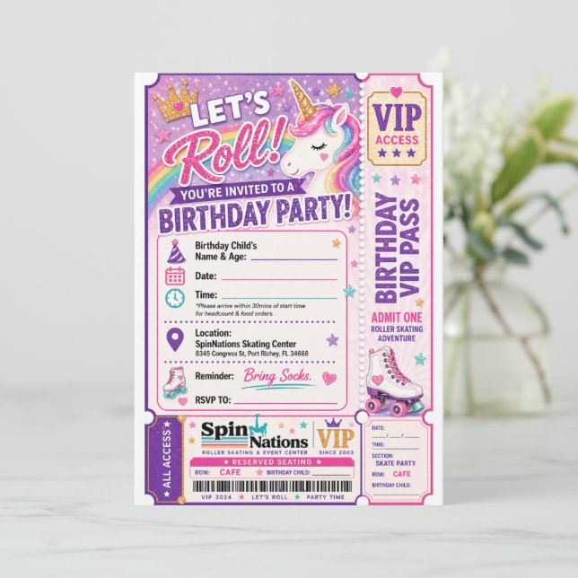 Convite Unicorn Themed Birthday Invitation Spinnations (Em pé/Frente)