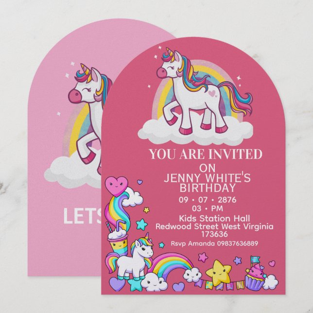 Convite Unicorn Themed Girl Birthday Invitation  (Frente/Verso)