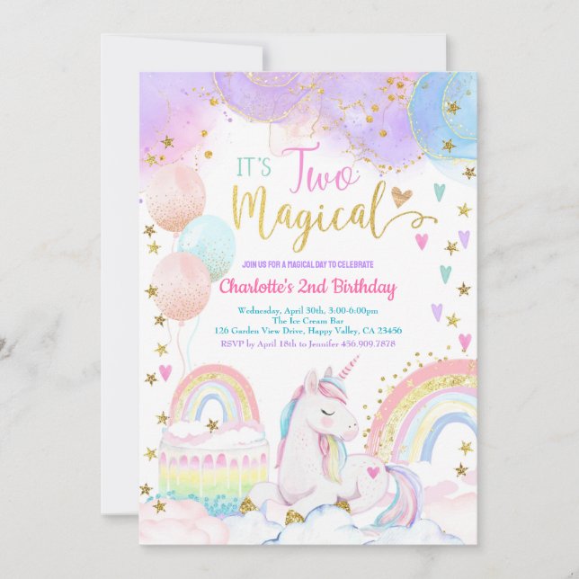 Convite Unicorn Two Magical 2nd Birthday Party Pastel (Frente)