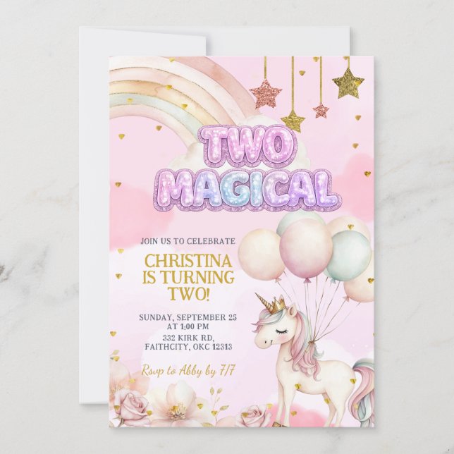 Convite Unicorn Two Magical Pastel Birthday Invitation (Frente)