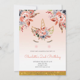 Convite Unicorn Watercolor Florals Girly Peach Glitter
