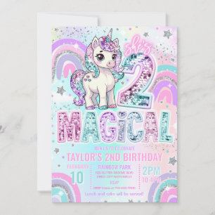 Convite Unicórnio 2º Aniversário Dois Brilho Arco-Íris Mág