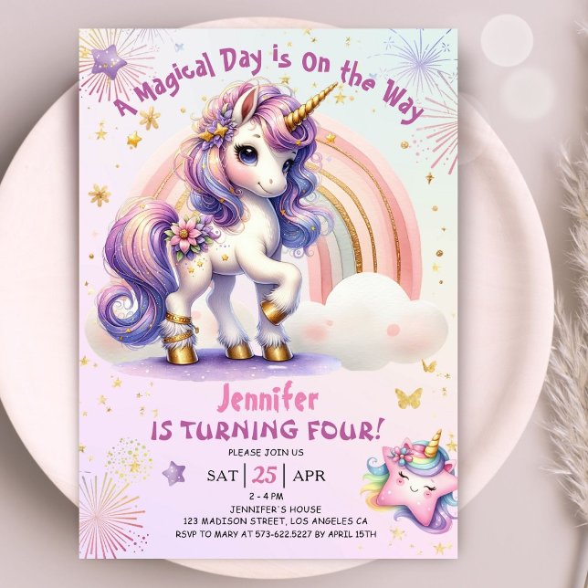 Convite Unicórnio 4º Aniversário Rapariga Roxa Arco-íris D (#UnicornBirthdayInvitation #UnicornBirthdayInvitationTemplate #UnicornBirthdayInvitationEditable )