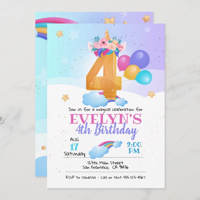 Convite unicórnio, 4.º Aniversário do Unicórnio (Frente/Verso)