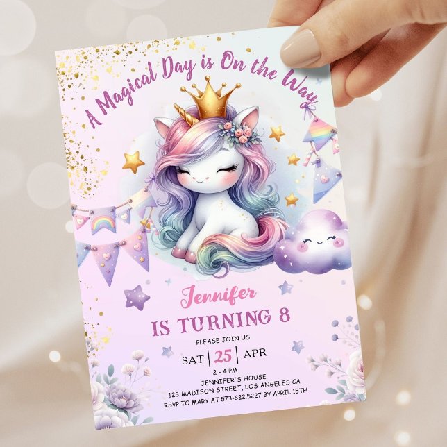 Convite Unicórnio 8. Aniversário Convidar Menina Rosa e Do (#UnicornBirthdayInvitation #UnicornBirthdayInvitationTemplate #UnicornBirthdayInvitationEditable )