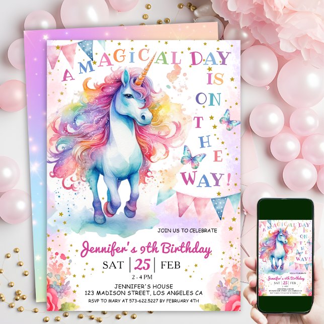 Convite Unicórnio 9º Aniversário Fada Fada Fleal Arco-íris (#UnicornBirthdayInvitation #UnicornBirthdayInvitationTemplate #UnicornBirthdayInvitationEditable 
)