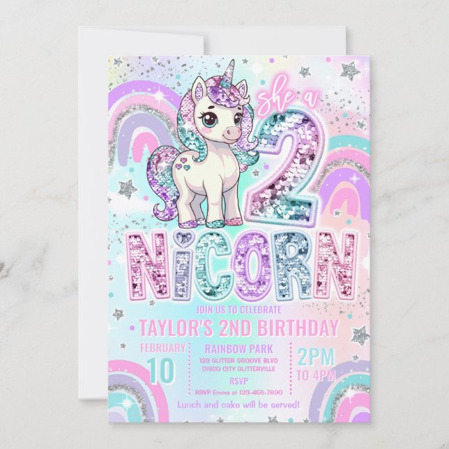 Convite Unicórnio Aniversário de 2 anos Arco-íris Glitter (Frente)
