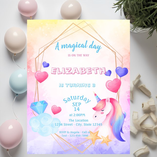 Convite Unicórnio Arco-íris, Aquarela de Aniversário (Criador carregado)