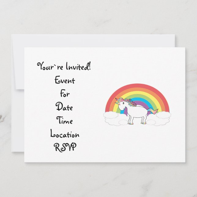 Convite unicórnio branco sobre arco-íris e nuvens (Frente)