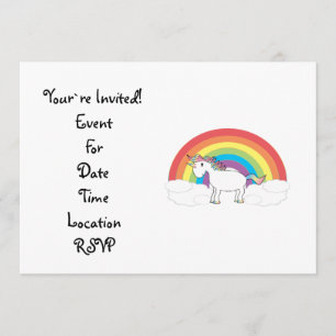 Convite unicórnio branco sobre arco-íris e nuvens