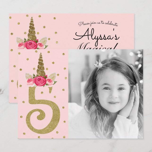 Convite Unicórnio Brilho Dourado Rosa 5 Aniversário de 5 a (Frente/Verso)