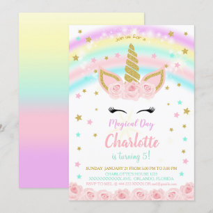Convite Unicórnio Com Flores Rosa Arco-Íris