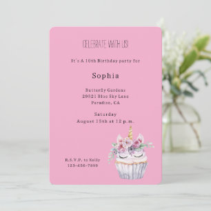 Convite Unicórnio de Aniversário com Cupcake Floral Rosa