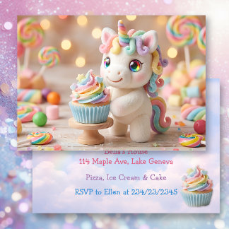 Convite Unicórnio de Doce Pastel com Cupcake de Arco-íris
