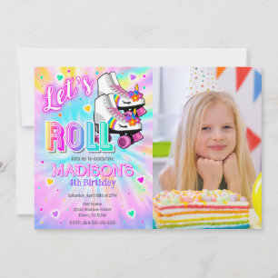 Convite Unicórnio de Patinação no Gelo Aniversário Tie Dye