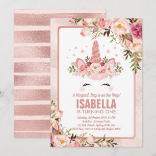 Convite Unicórnio Dourado Rosa Sparkly / Aniversário Magic