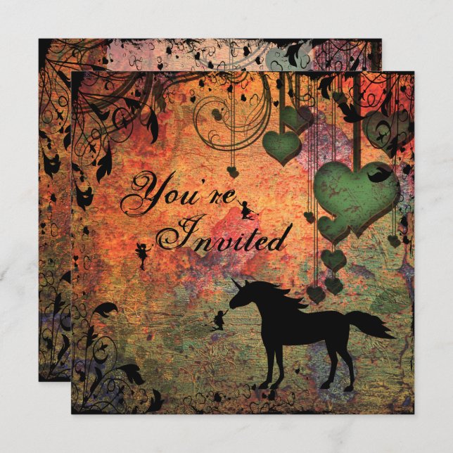 Convite Unicórnio, Fadas e Floresta do Coração Convidam (Frente/Verso)