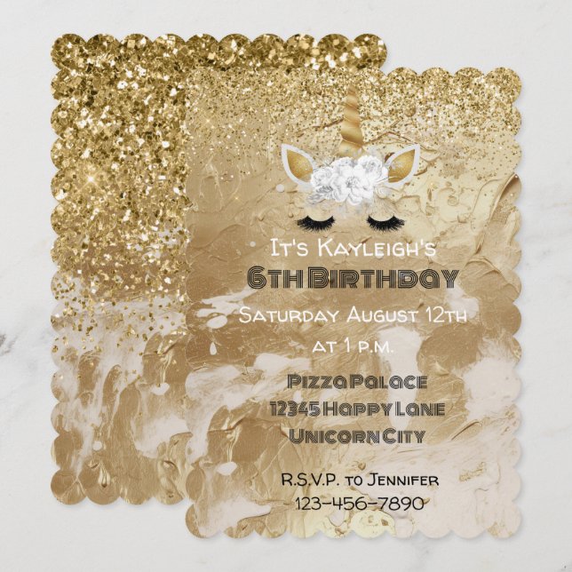 Convite Unicórnio Floral Branco Dourado Brilho  (Frente/Verso)