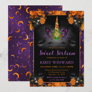 Convite Unicórnio Floral de Halloween para Doze Anos