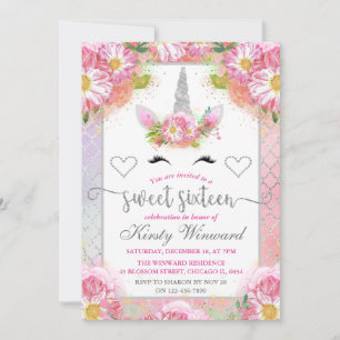 Convite Unicórnio Floral Rosa e Prata Doce 16