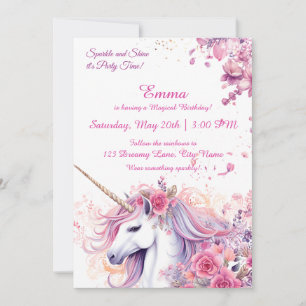 Convite Unicórnio Floral Rosa Mágico Aniversário Aquarela